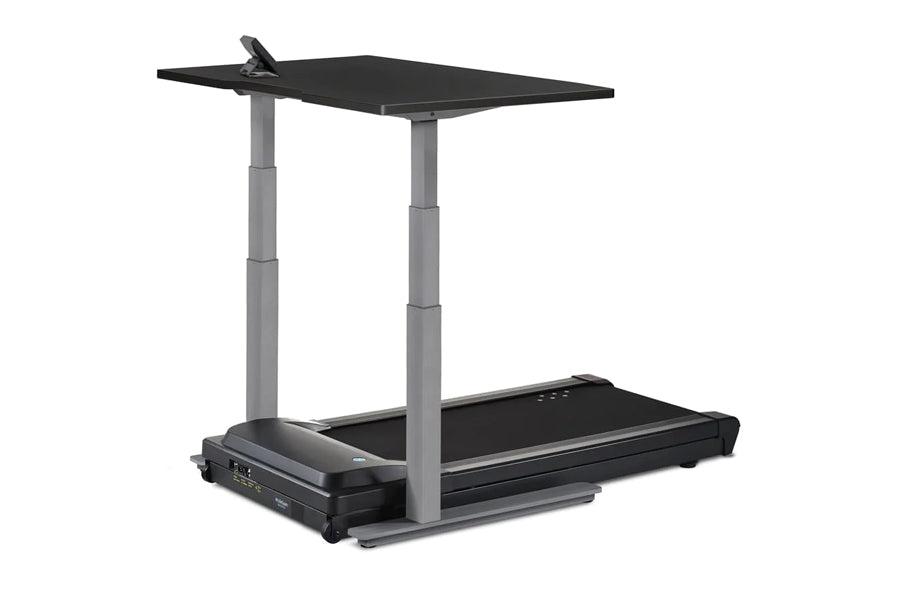 LifeSpan TR1000-Omni black treadmill desk with gray adjustable columns and black running belt, on white background