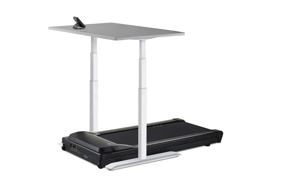 Lifespan TR1000 treadmill desk with gray work surface, white metal frame, and black treadmill base on white background