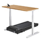Height-adjustable standing desk with natural wood top and white frame, integrated with black LifeSpan treadmill underneath, o