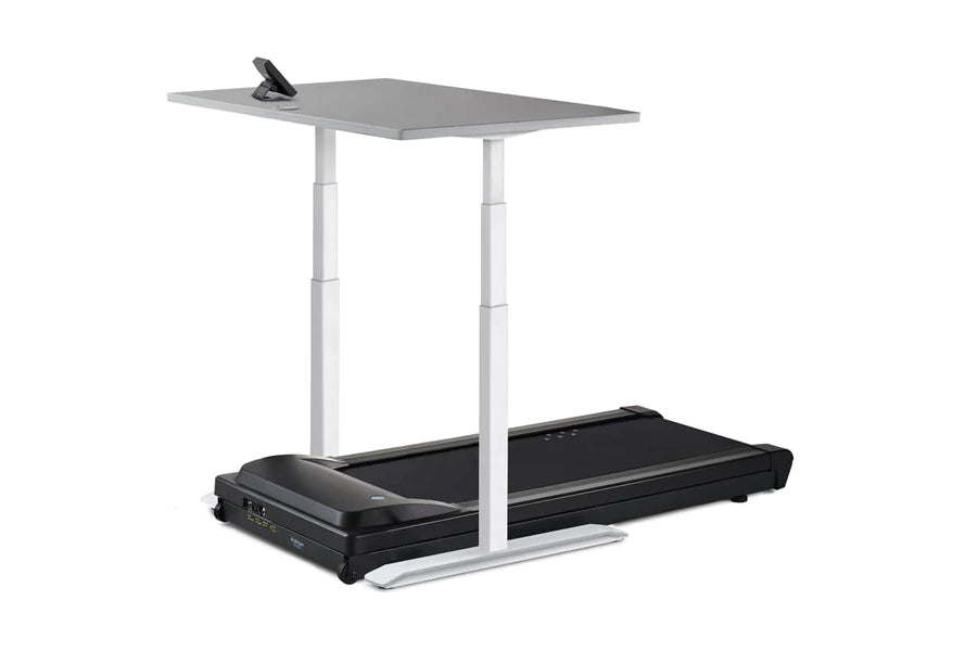 LifeSpan TR1000 treadmill desk with gray top, white metal frame, and black treadmill base on white background