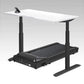 White desktop on black adjustable standing desk frame with integrated black treadmill base and digital display