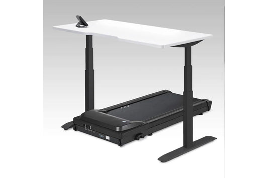 White desktop on black adjustable standing desk frame with integrated black treadmill base and digital display