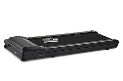 Black under-desk treadmill with digital display panel and curved left end on white background