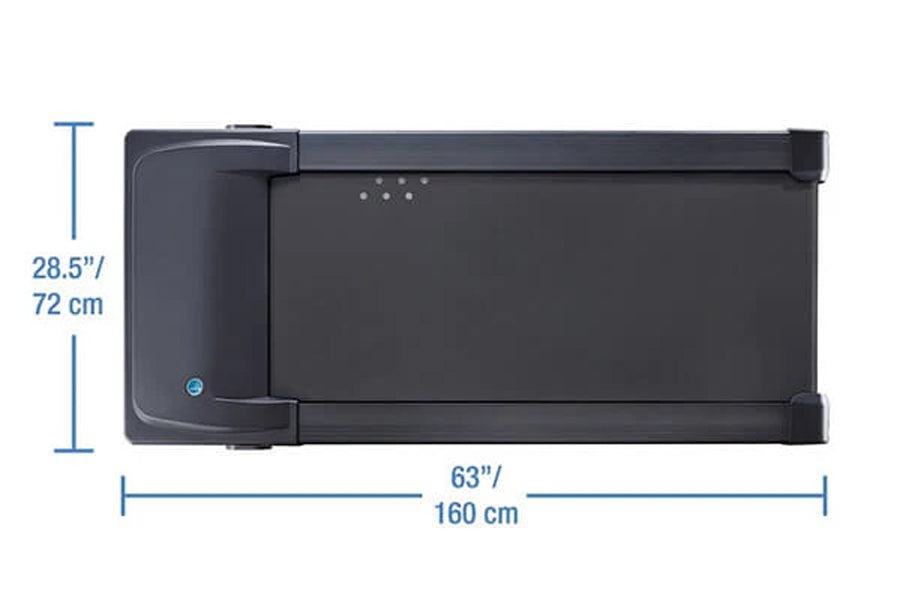 LifeSpan TR1200-GlowUp black under-desk treadmill with dimensions shown, 63" wide by 28.5" tall, top view with control panel