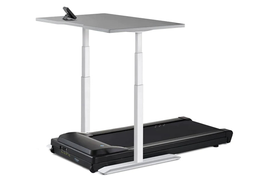 LifeSpan TR1200 power treadmill desk with gray top, white adjustable legs, and black treadmill base on white background