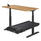 Adjustable height desk with natural wood top and black metal frame, featuring integrated treadmill base with digital controls