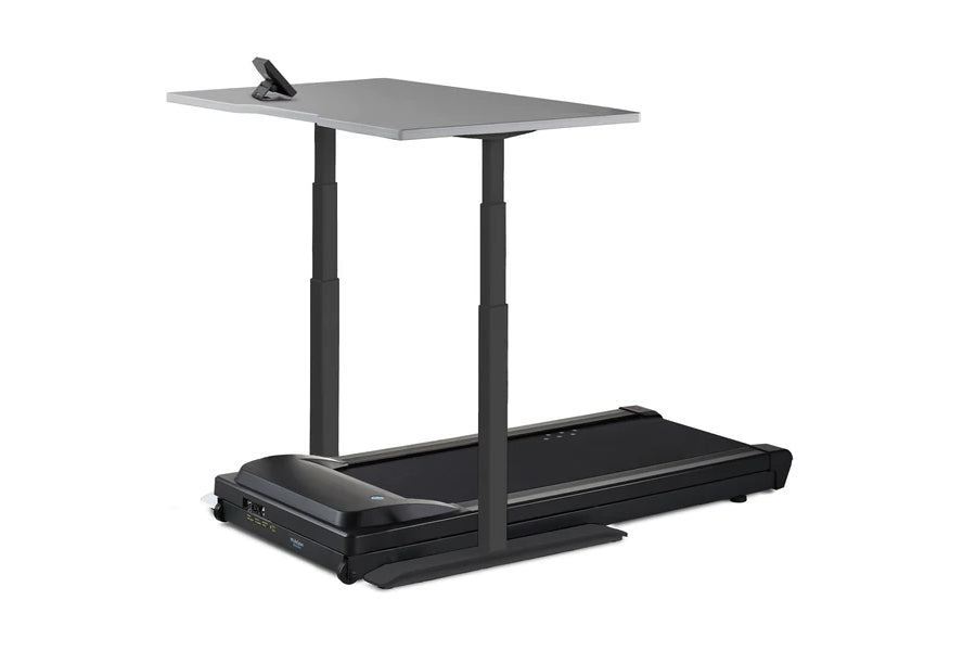 Lifespan TR1200 power treadmill desk with gray work surface, black frame and treadmill base, on white background