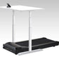 White adjustable desk with black treadmill base and silver frame, smartphone holder mounted on white surface, shown against g