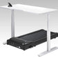 White desktop treadmill desk with black treadmill base and silver metal frame, featuring phone holder on surface, shown on gr