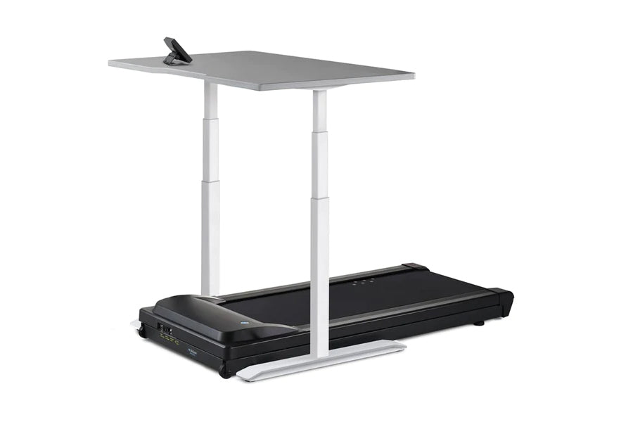 LifeSpan TR1200 treadmill desk with gray top, white frame, and black treadmill base on white background
