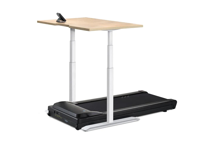 Light wood desktop on adjustable white metal frame with integrated black treadmill base and digital display on white backgrou
