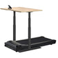 Natural wood desktop with black electric treadmill base and adjustable metal frame, shown on white background