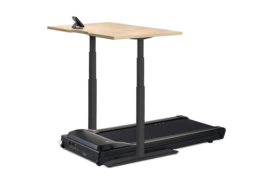 Natural wood desktop with black electric treadmill base and adjustable metal frame, shown on white background