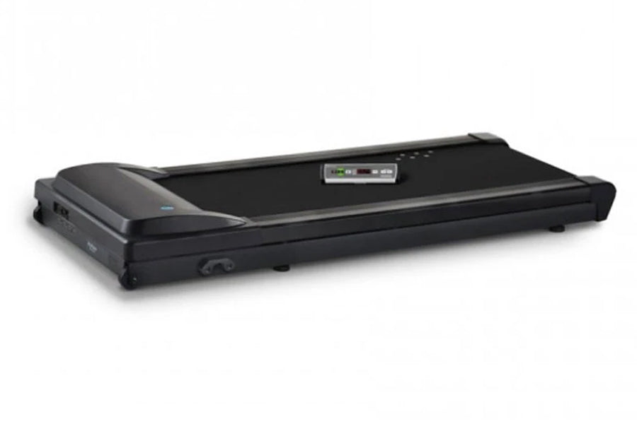 Black under-desk treadmill with curved handrail, digital display panel, and wheels on white background