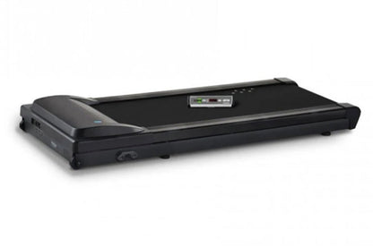Black under-desk treadmill with curved handrail, digital display panel, and wheels on white background