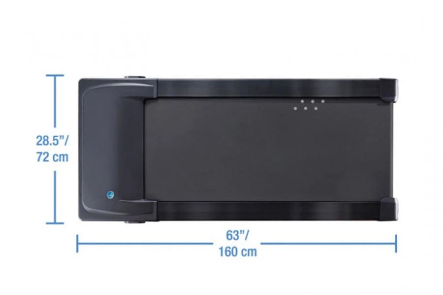 Black under-desk treadmill with compact design, shown from above with dimensions marked at 63 inches wide by 28.5 inches tall