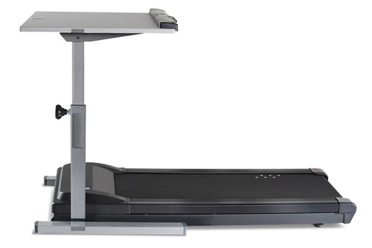 LifeSpan TR5000-Classic treadmill desk with black running belt, gray frame, adjustable desk surface, and control panel, shown