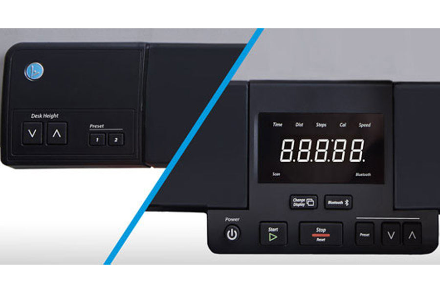 LifeSpan TR5000-Power Treadmill Desk control panels with desk height adjustment buttons and digital display showing workout m