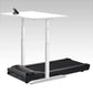White desktop treadmill desk with black treadmill base, white support columns, and control panel on gray background