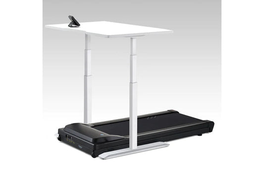 White desktop treadmill desk with black treadmill base, white support columns, and control panel on gray background