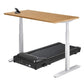Adjustable height treadmill desk with natural wood top, white metal frame, and black motorized treadmill base with digital co