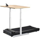 Adjustable height treadmill desk with light wood top, white metal frame, and black motorized treadmill base on white backgrou