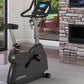 Black and silver upright exercise bike with blue display console in home gym setting with fireplace