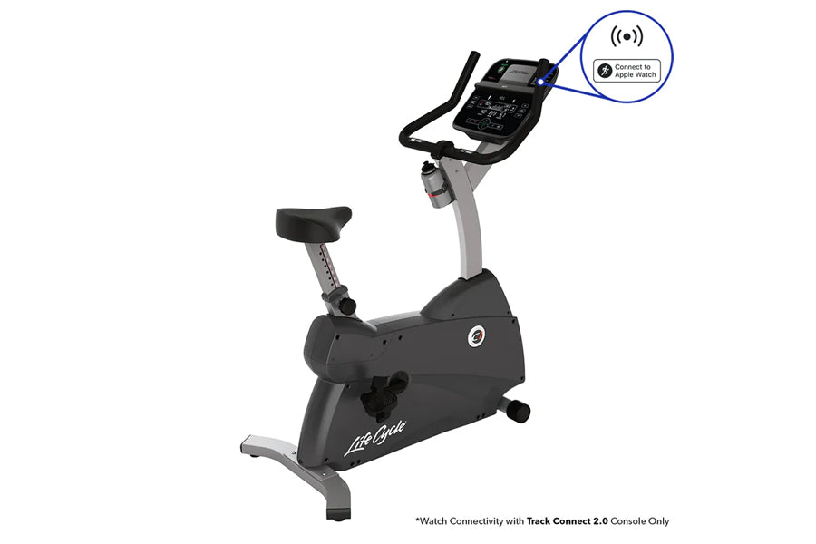 Life Fitness C1 Lifecycle upright exercise bike with black and gray frame, digital display console, and Apple Watch connectiv