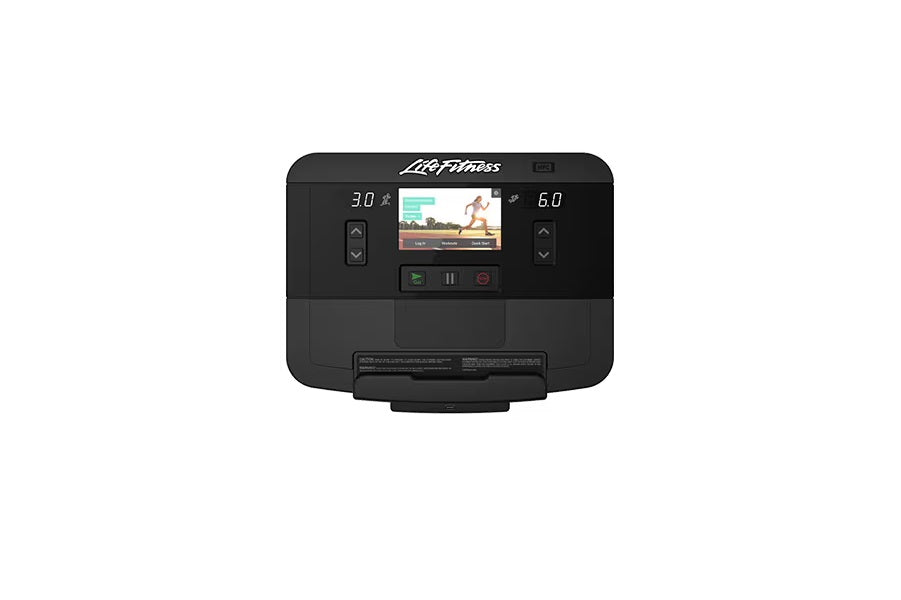 Life Fitness black upright exercise bike console with digital display showing workout metrics and video screen on white backg
