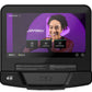 Life Fitness recumbent exercise bike with tablet display showing workout app interface and smiling instructor on purple backg