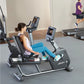 Woman in white tank top and blue leggings using black Life Fitness recumbent exercise bike with digital display in gym settin