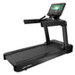 Black Life Fitness commercial treadmill with digital display screen showing workout interface, elevated handlebars, and wide 