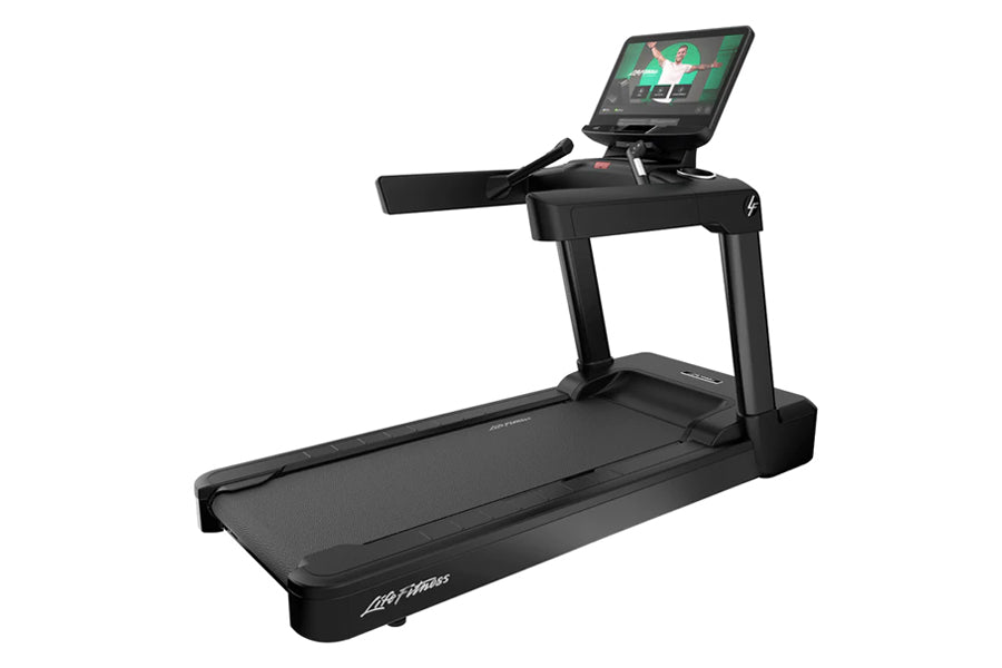Black Life Fitness commercial treadmill with digital display screen showing workout interface, elevated handlebars, and wide 