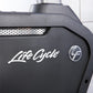 Life Fitness Club Series upright stationary bike with black frame, white branding, and perforated metal accent panel on white