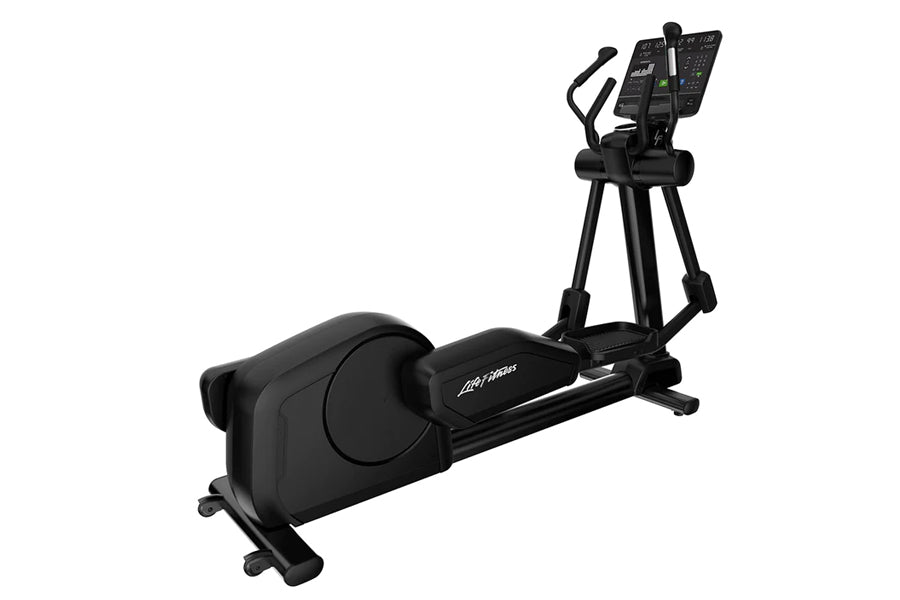 Black Life Fitness elliptical cross-trainer with padded handles, digital console, and foot pedals on white background