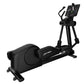 Black elliptical cross-trainer with digital console, foot pedals, and stationary handles on white background