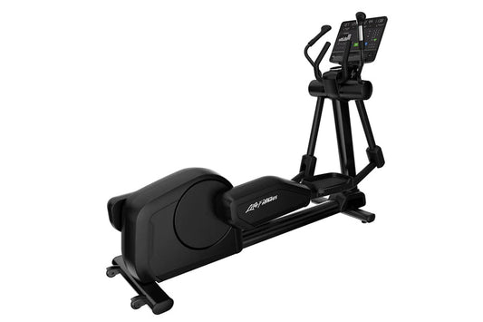 Black Life Fitness elliptical cross-trainer with padded handles, digital console, and foot pedals on white background