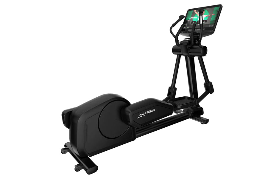 Life Fitness black elliptical cross-trainer with digital display console mounted on stand, shown on white background