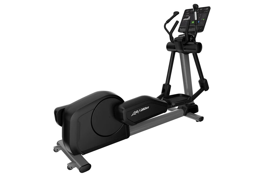 Life Fitness Club Series Plus elliptical cross-trainer with black padded seat, gray frame, and digital display console on whi