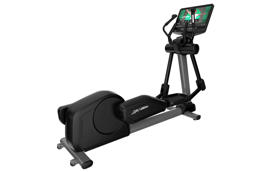 Life Fitness Club Series+ elliptical cross-trainer with black padded seat, gray frame, and tablet display mounted on top