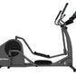 Life Fitness E1 elliptical cross-trainer with gray frame, black foot pedals, and dual handlebar grips on white background