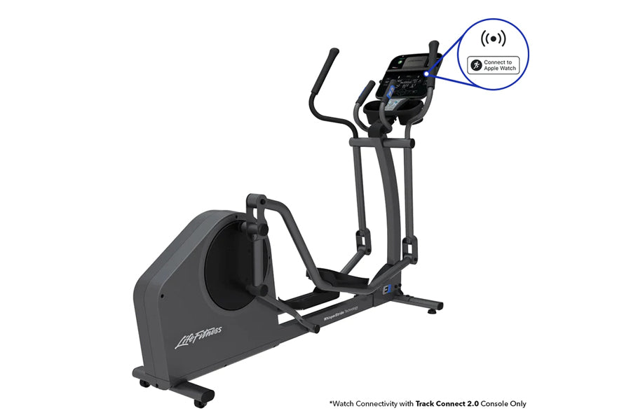 Black Life Fitness elliptical cross-trainer with console displaying Apple Watch connectivity feature on white background