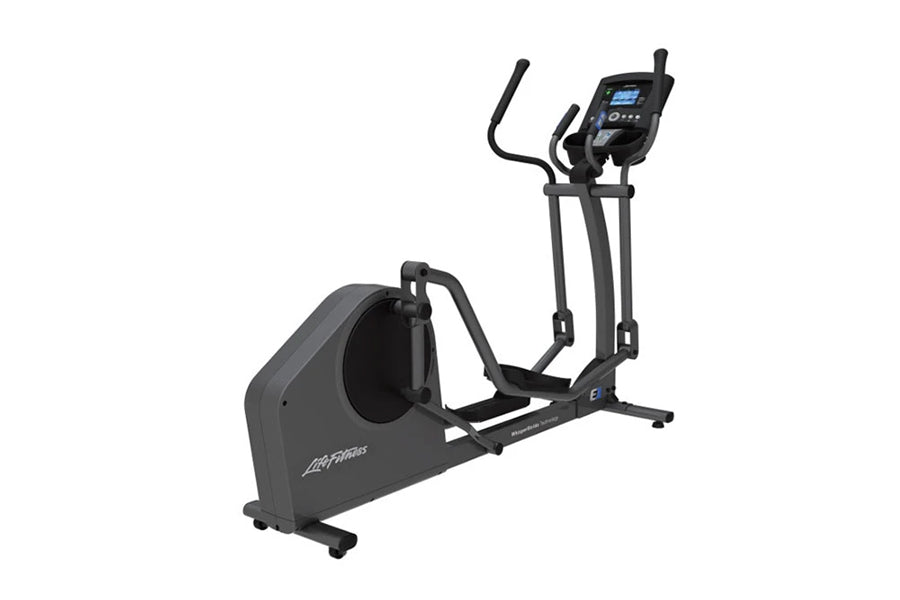 Black Life Fitness E1 elliptical cross-trainer with digital console, dual handles, and foot pedals on white background