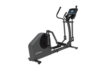 Black Life Fitness E1 elliptical cross-trainer with digital console, dual handles, and foot pedals on white background