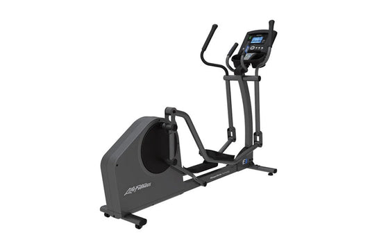 Black Life Fitness E1 elliptical cross-trainer with digital console, dual handles, and foot pedals on white background