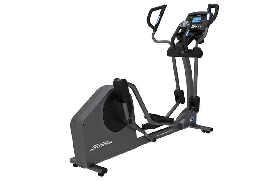 Black Life Fitness elliptical cross-trainer with digital console, foot pedals, and handlebars on white background