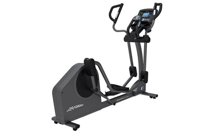 Black Life Fitness elliptical cross-trainer with digital console, foot pedals, and handlebars on white background