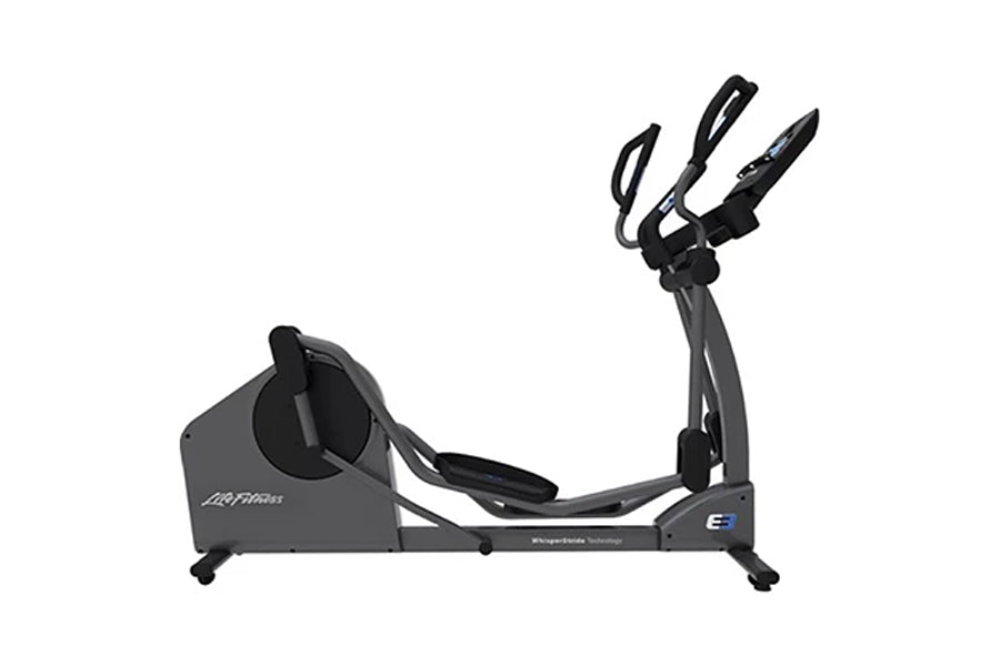 Life Fitness E3 black elliptical cross-trainer with foot pedals and moving handlebars, on white background