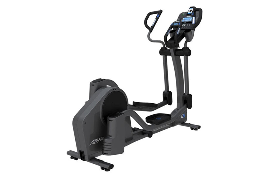 Black Life Fitness E5 elliptical machine with digital console, foot pedals, and dual handles on white background