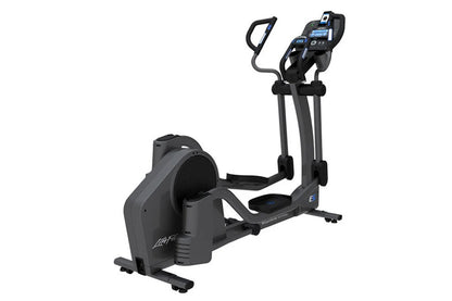 Black Life Fitness E5 elliptical machine with digital console, foot pedals, and dual handles on white background